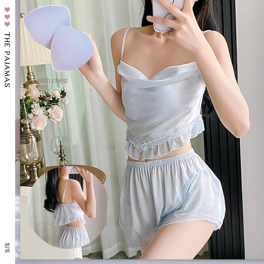 Summer Silk Pajama Set for Women – Lightweight Sleeveless Loungewear with Chest Pad | Cool & Comfortable Homewear