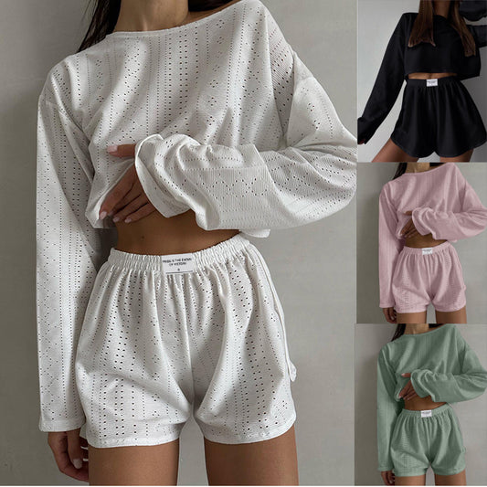 Women's Casual Hollow-Out Pullover Top & Shorts Set - Stylish Loose Fit Two-Piece Suit