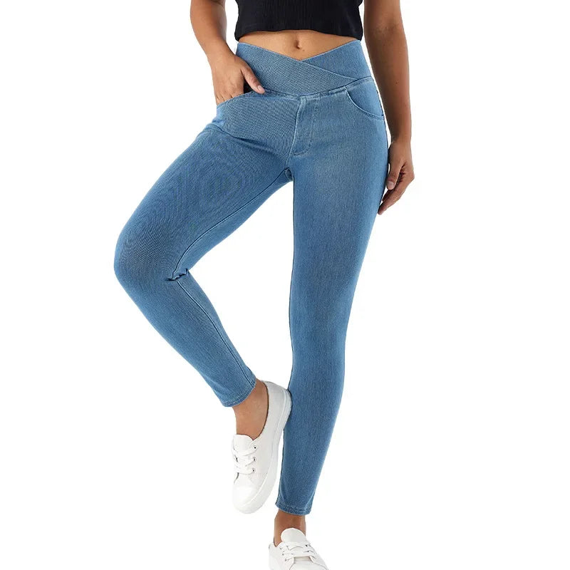 Slim Fit Cross Waist Yoga Leggings – High Waist Pocket Pants for Women, Perfect for Gym & Casual Look