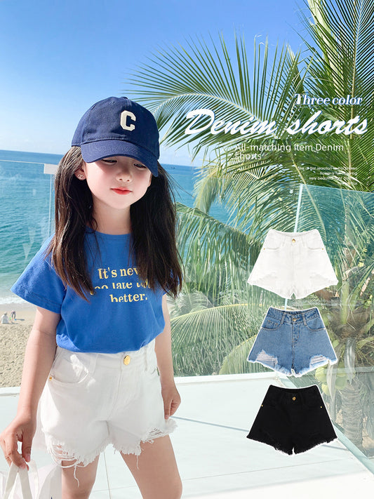 Trendy Girls Washed Denim Shorts – Lightweight Mid-Waist Summer Wear