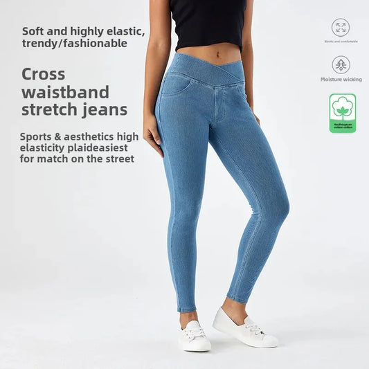 Slim Fit Cross Waist Yoga Leggings – High Waist Pocket Pants for Women, Perfect for Gym & Casual Look
